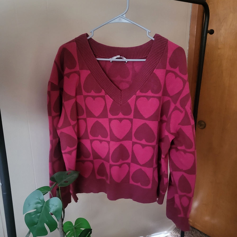English Factory Heart Checkered V-Neck Sweater - Pink and Dark Pink